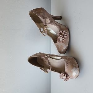 Beige floral kitten heels with adjustable ankle strap - never worn